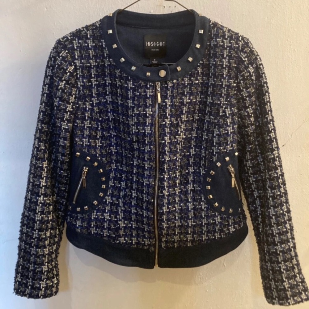 Insight New York Women’s White & Blue Tweed Studded Jacket, Size 8, China